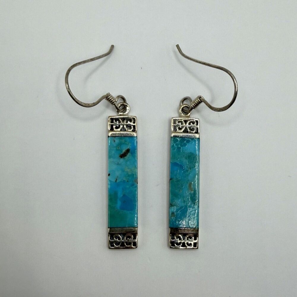 925 Sterling Silver Turquoise Inlay Bar Dangle Earrings 5.1g